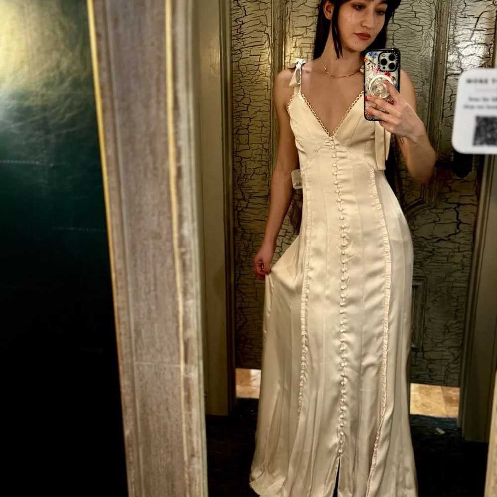 Altar’d State Jacindy Satin Slip Maxi Dress with Button-Front Detail Corset-Tie